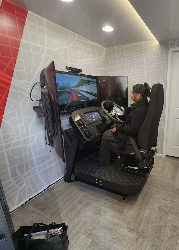 Truck driving simulator at a trucking industry event